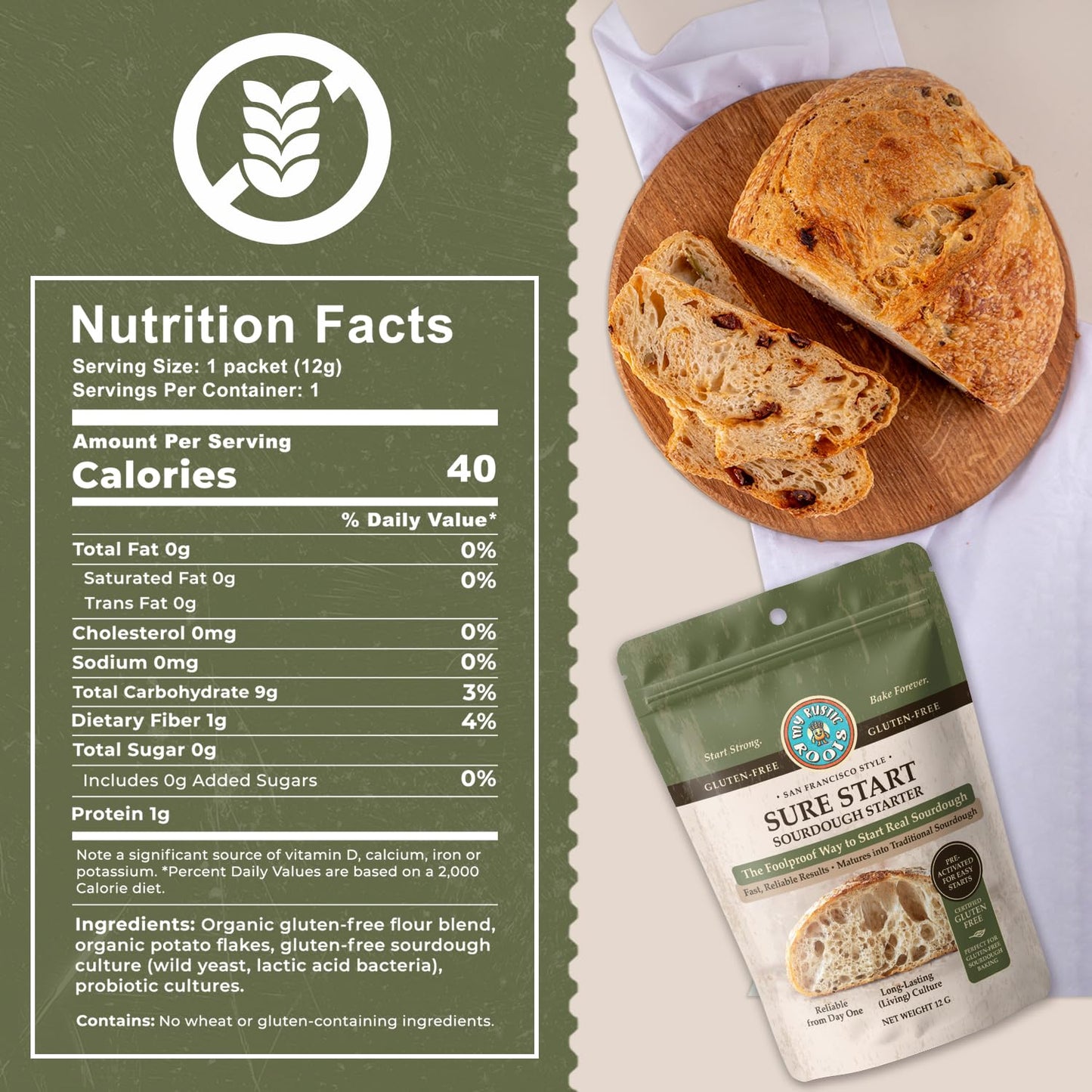 MY RUSTIC ROOTS Sure Start Gluten Free Sourdough Starter Culture - All Natural Fail-Proof Sourdough Bread Starter - Beginner Friendly - Perfect for Baking Homemade Artisan Bread, Pizza & More - 12g