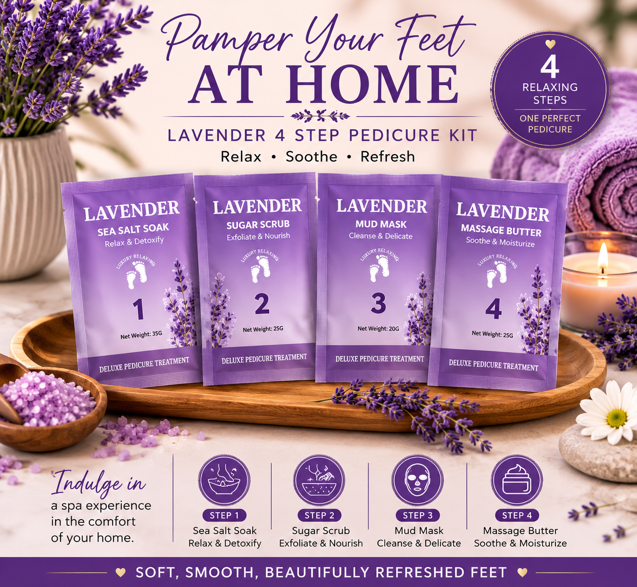 4 Step Complete Spa Quality Pedicure Packs - LAVENDER
