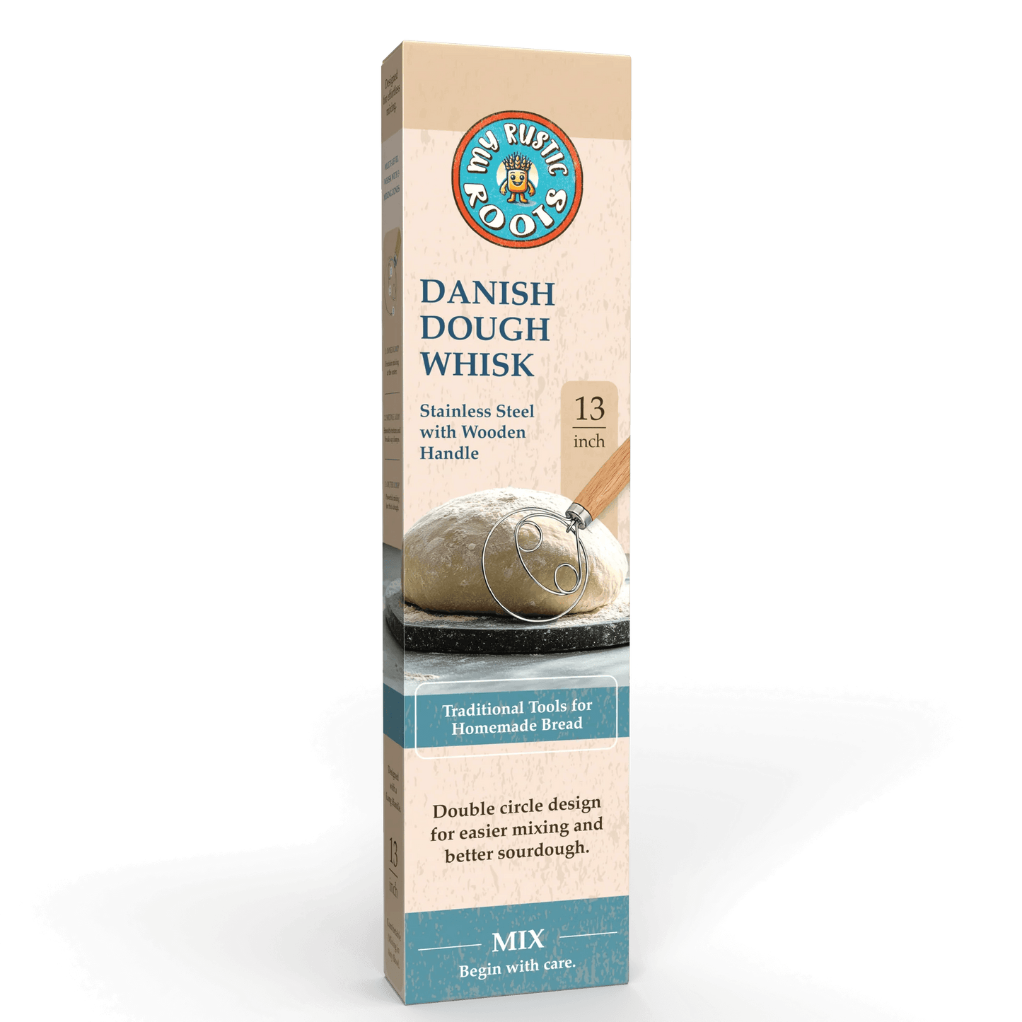 Box of Danish dough whisk with brand logo on a white background