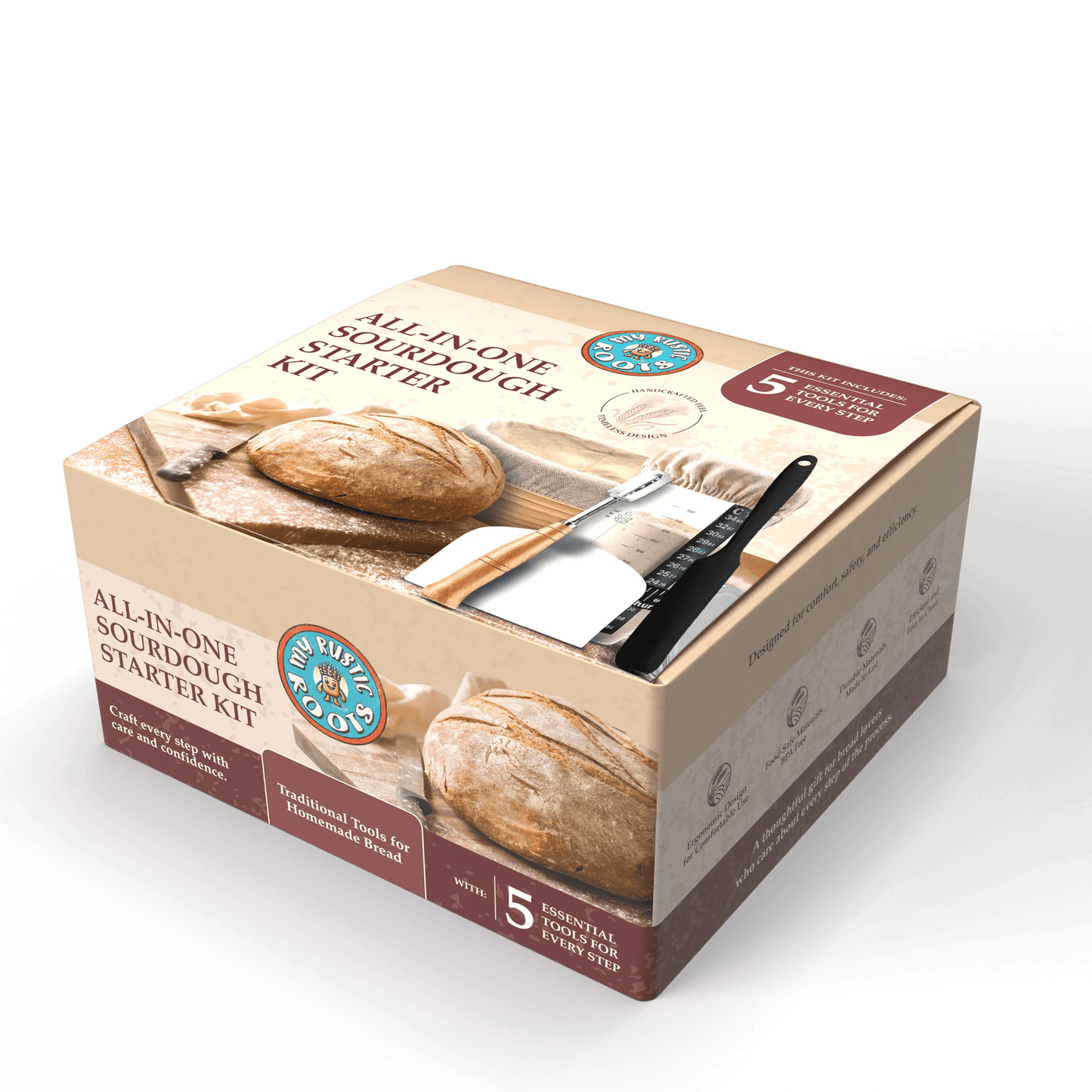 All-in-one sourdough starter kit packaging on a white background