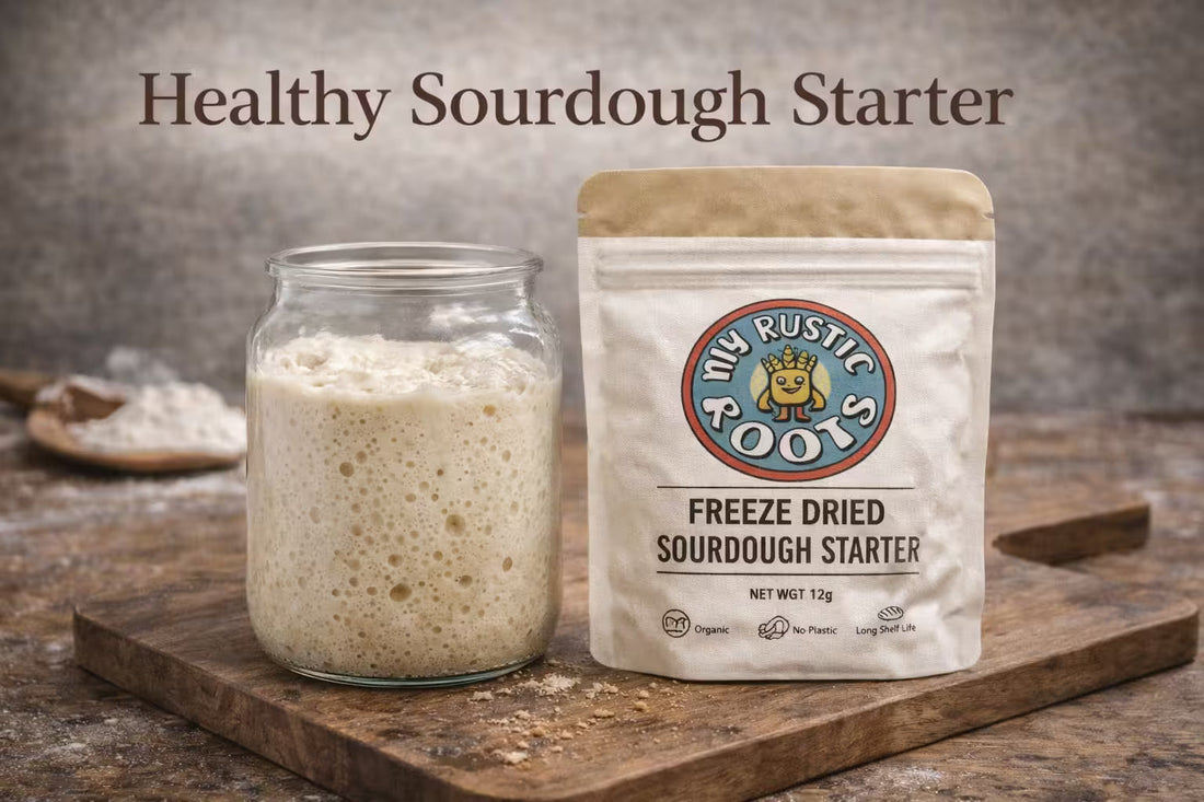 My Rustic Roots sourdough starter pack with active bubbly starter in glass jar