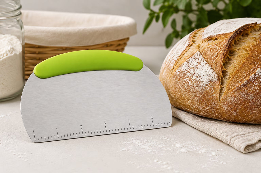 bench scraper beside artisan sourdough bread loaf
