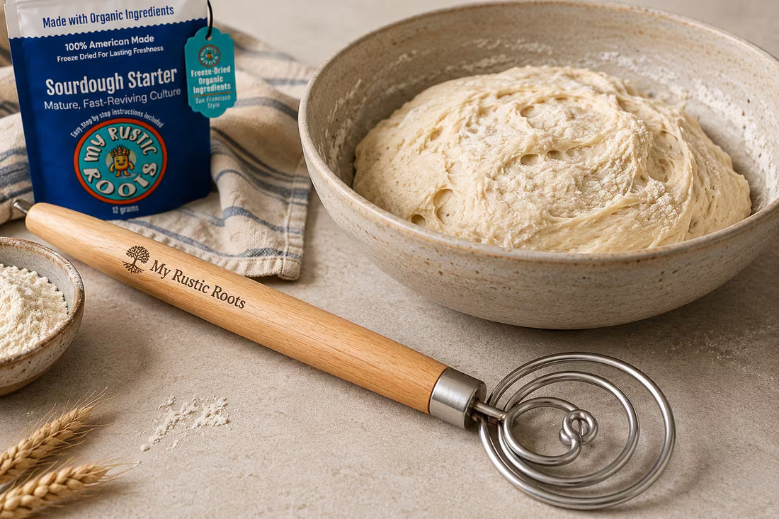 danish dough whisk beside sourdough dough ready for mixing