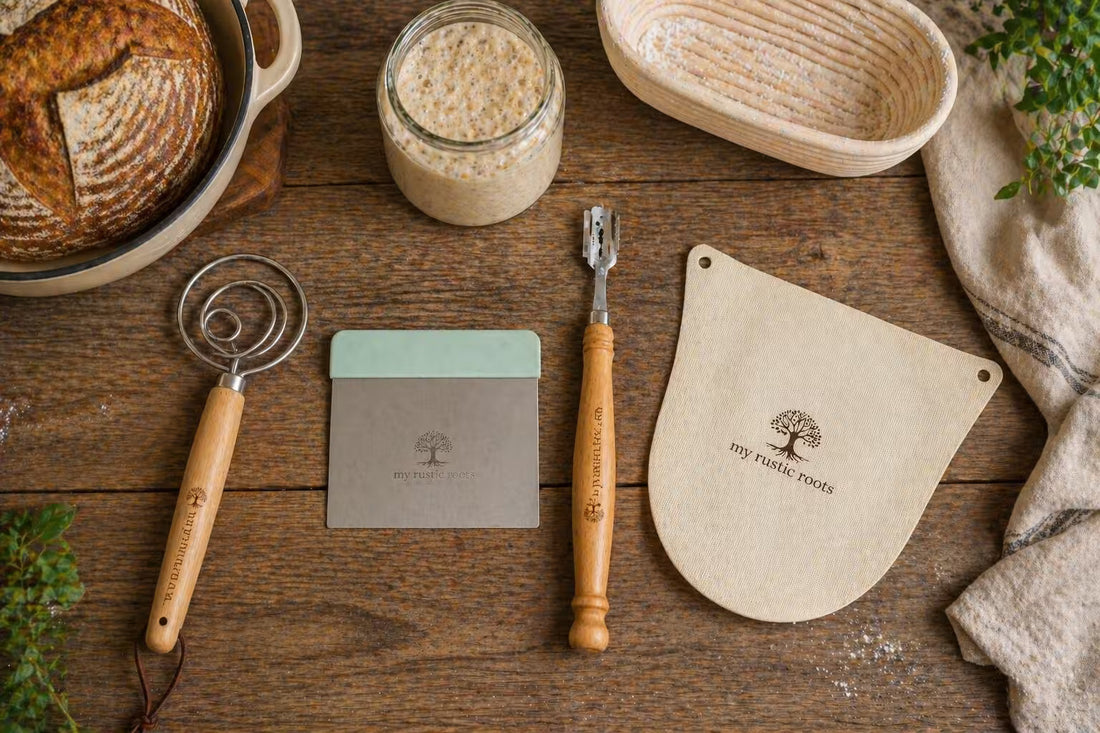 essential sourdough baking tools including dough whisk bench scraper bread lame and dough sling