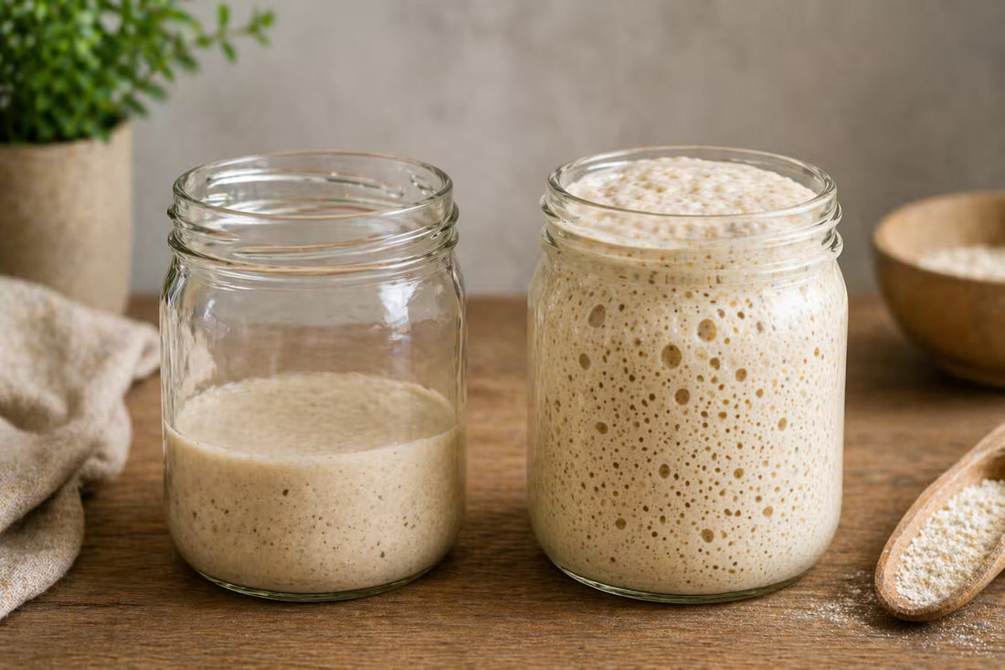 flat sourdough starter compared to active bubbly sourdough starter in glass jars
