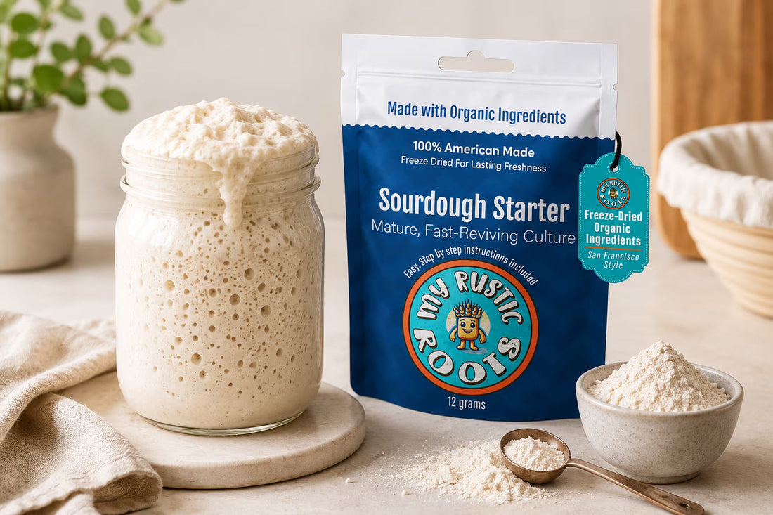 active sourdough starter beside freeze dried sourdough starter package