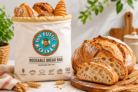 artisan sourdough loaf beside reusable bread storage bag