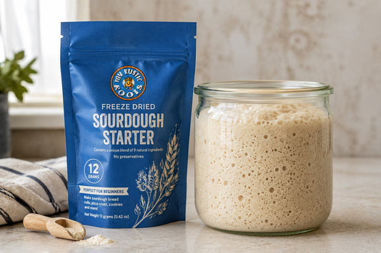freeze dried sourdough starter beside active sourdough starter jar