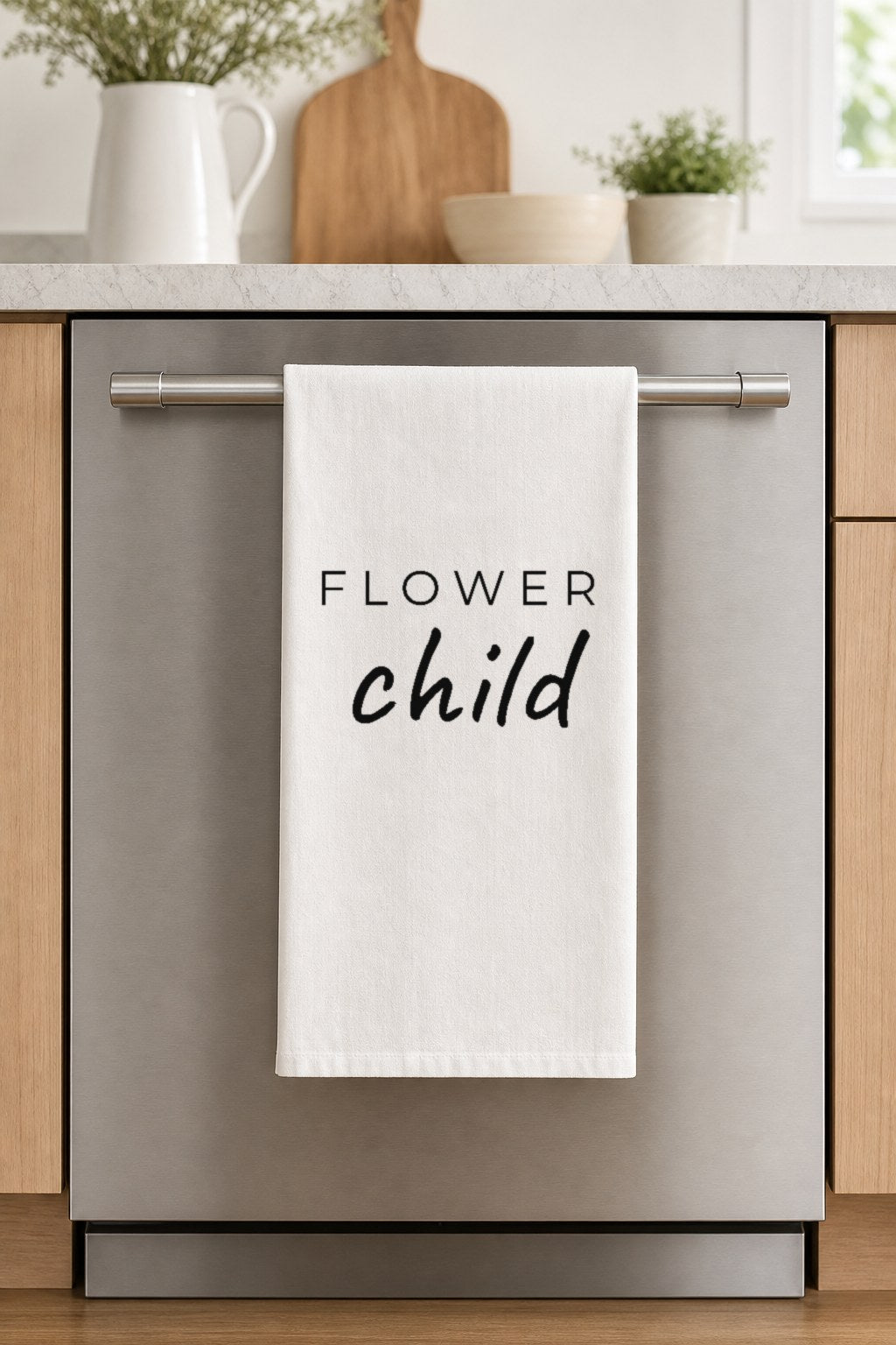 FLOWER child hand-lettered on a white cotton flour sack tea towel