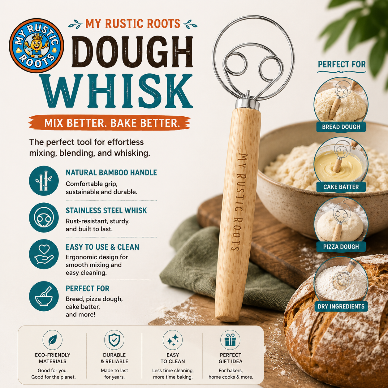 My Rustic Roots -13" Danish Dough Whisk with Wood Handle