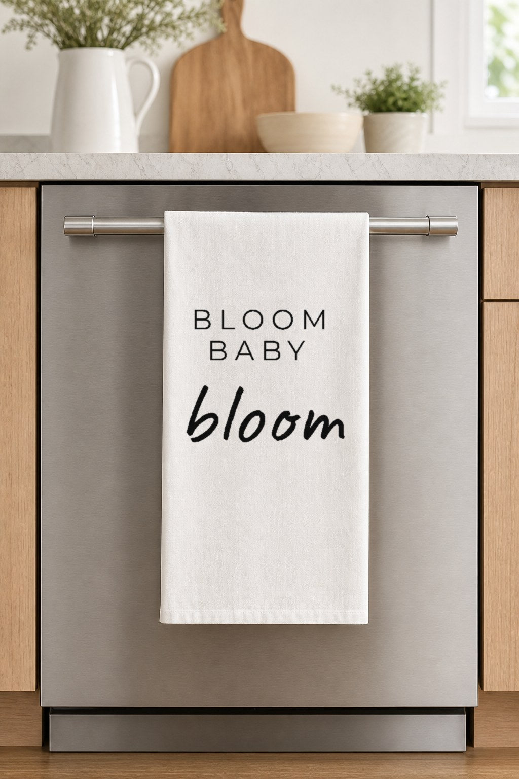 BLOOM BABY bloom hand-lettered on a white cotton flour sack tea towel