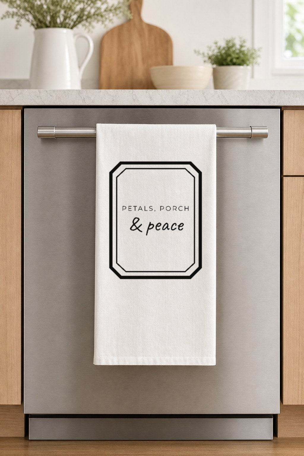 PETALS, PORCH & peace hand-lettered on a white cotton flour sack tea towel
