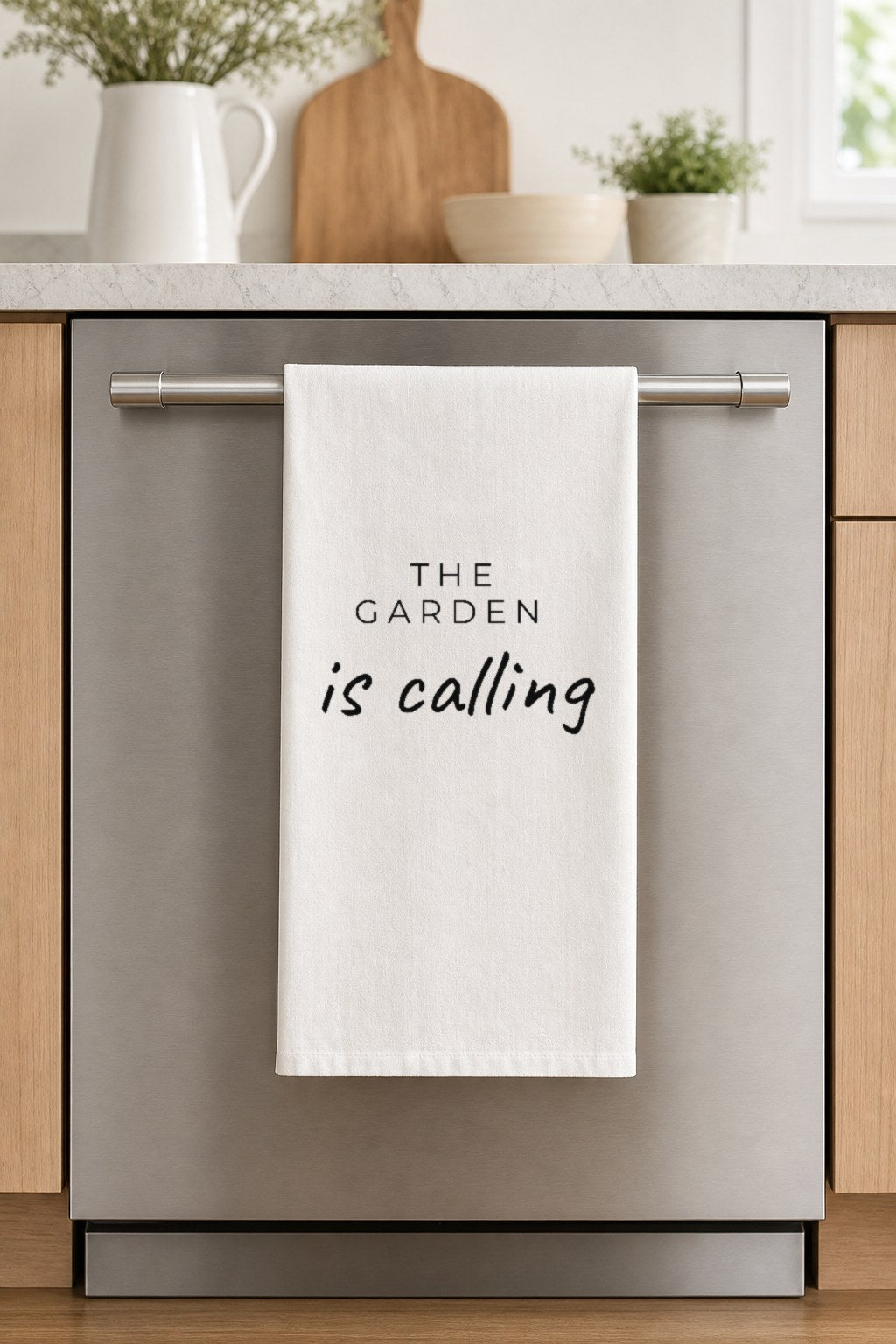 THE GARDEN is calling hand-lettered on a white cotton flour sack tea towel