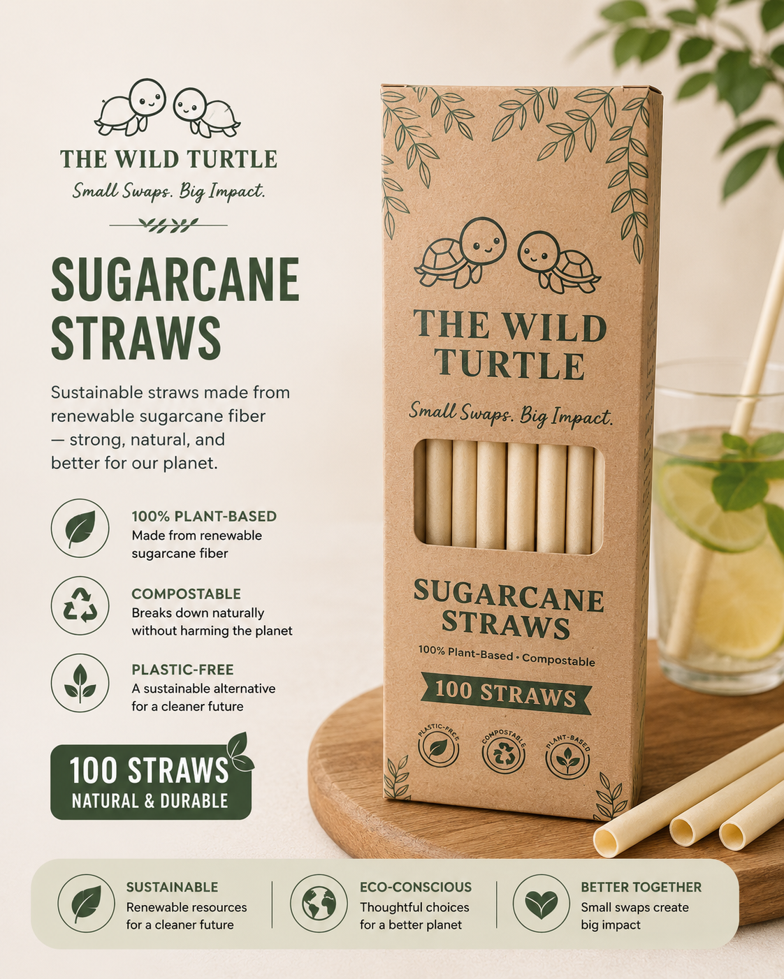 Sugarcane Straws — Compostable, No Soggy Paper Taste (100-Count)