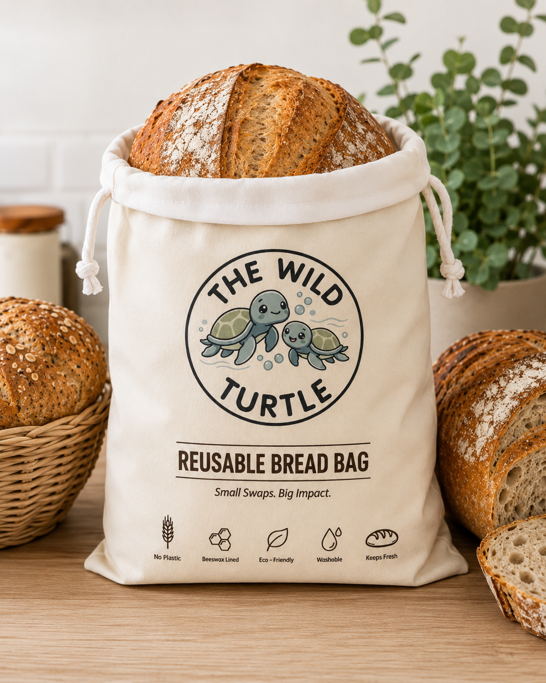 The Wild Turtle Reusable Beeswax-and-Cotton Bread Storage Bag for Home Organizing Supplies