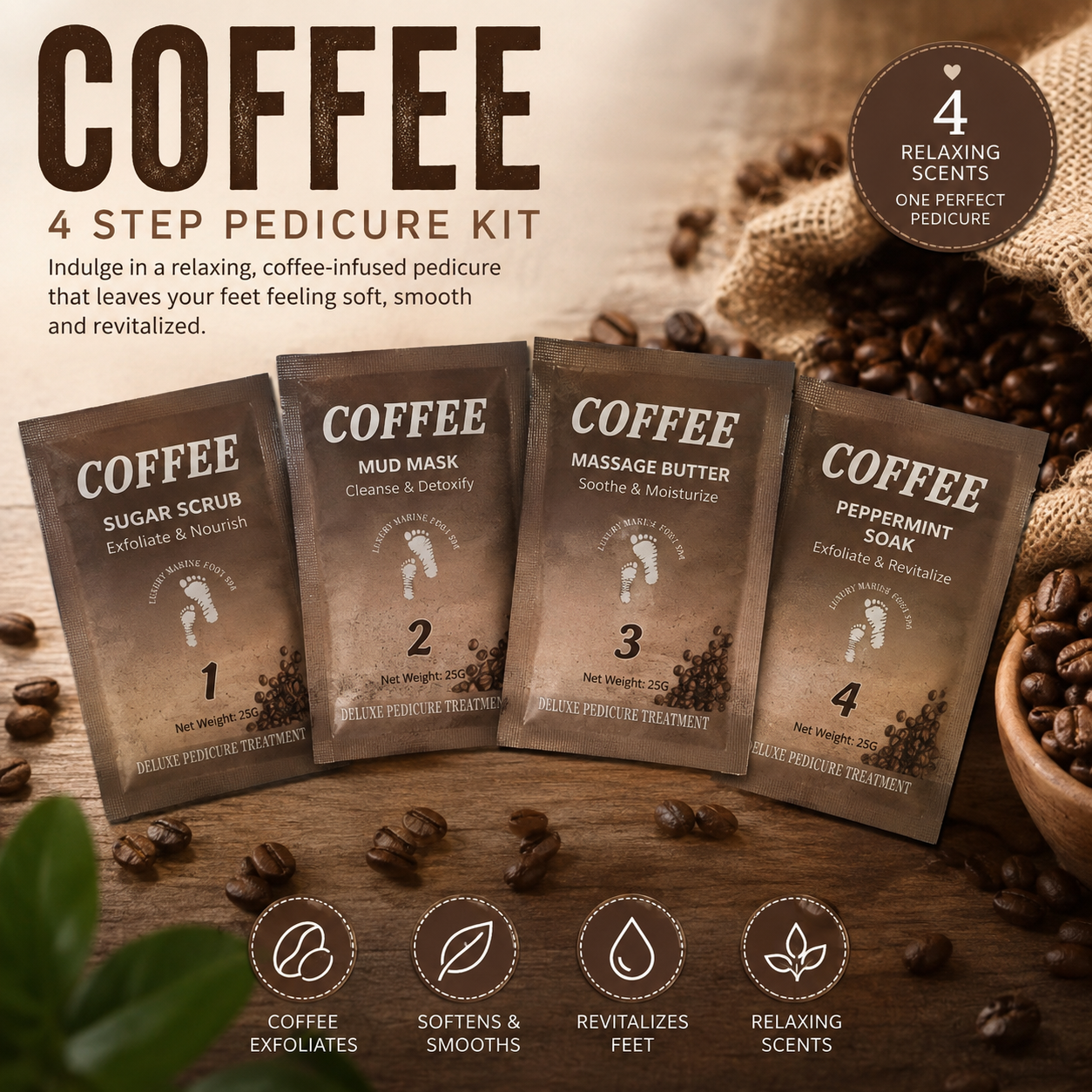 4 Step Complete Spa Quality Pedicure Packs - COFFEE