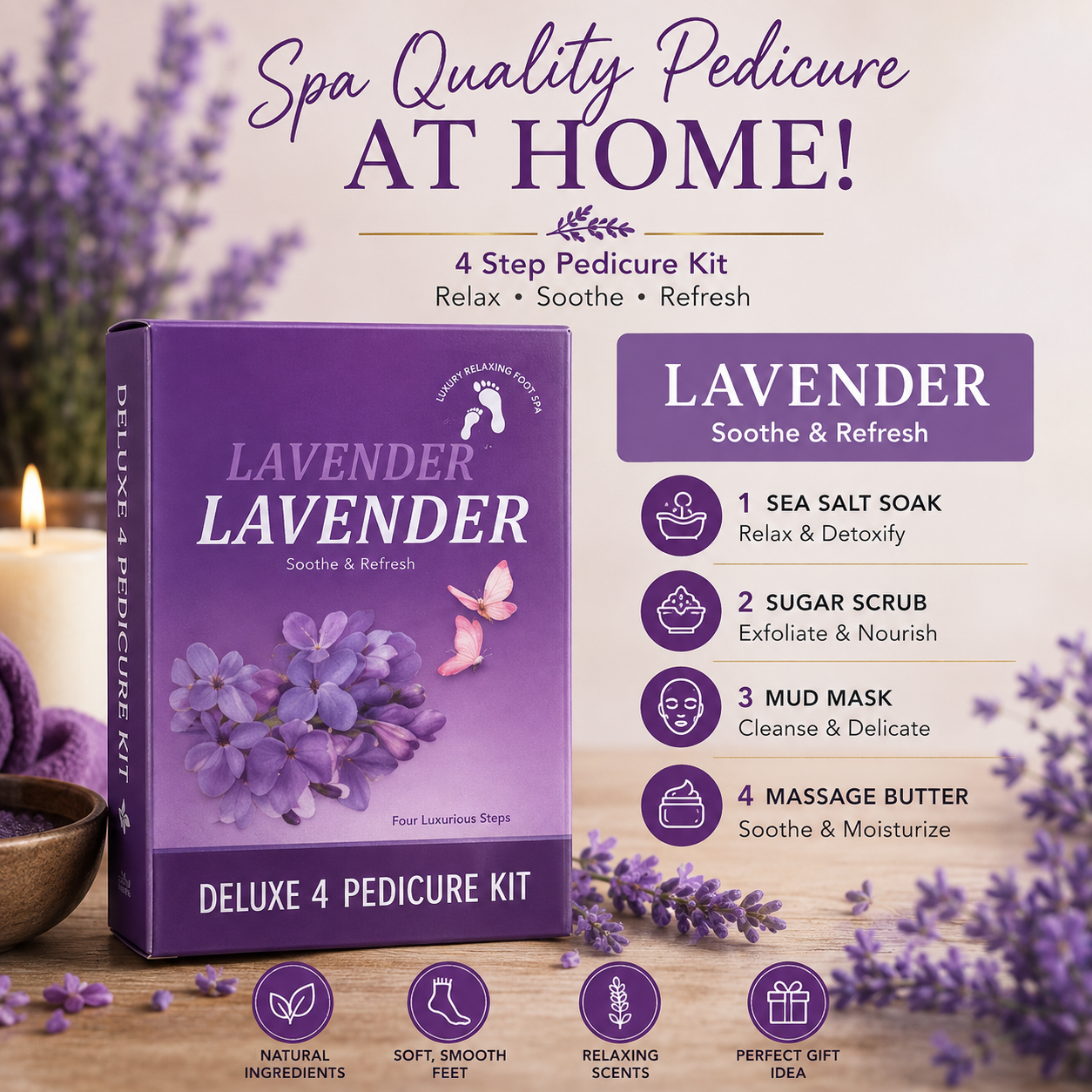 4 Step Complete Spa Quality Pedicure Packs - LAVENDER