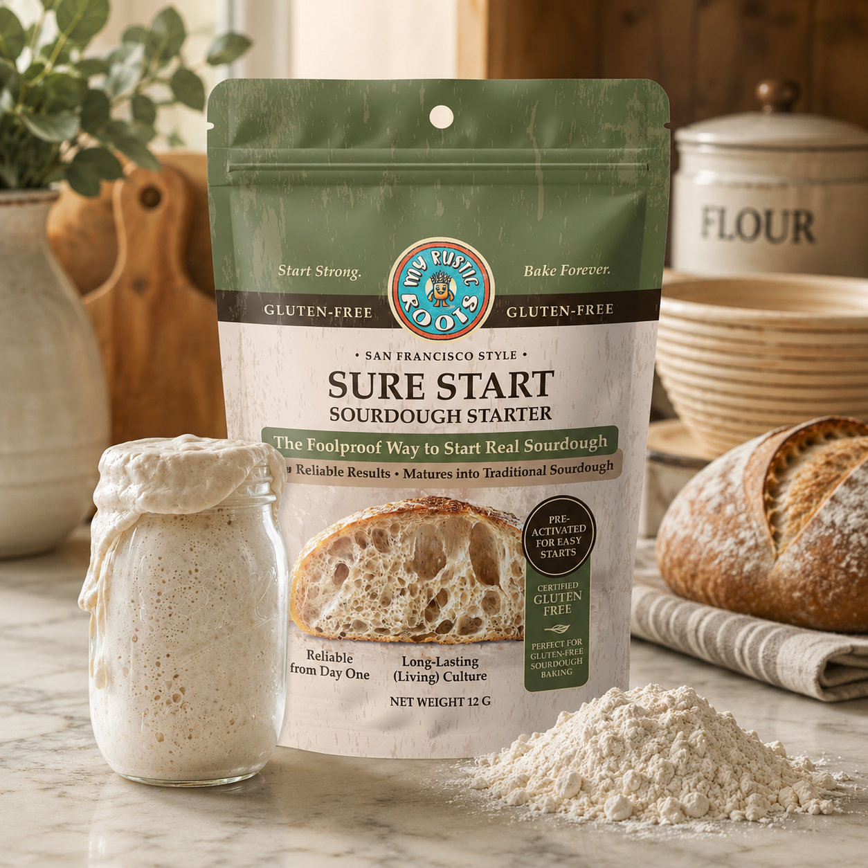 MY RUSTIC ROOTS Sure Start Gluten Free Sourdough Starter Culture - All Natural Fail-Proof Sourdough Bread Starter - Beginner Friendly - Perfect for Baking Homemade Artisan Bread, Pizza & More - 12g