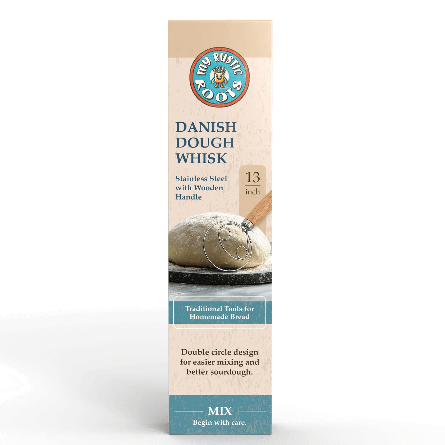 Package of Danish dough whisk with bread image on a white background