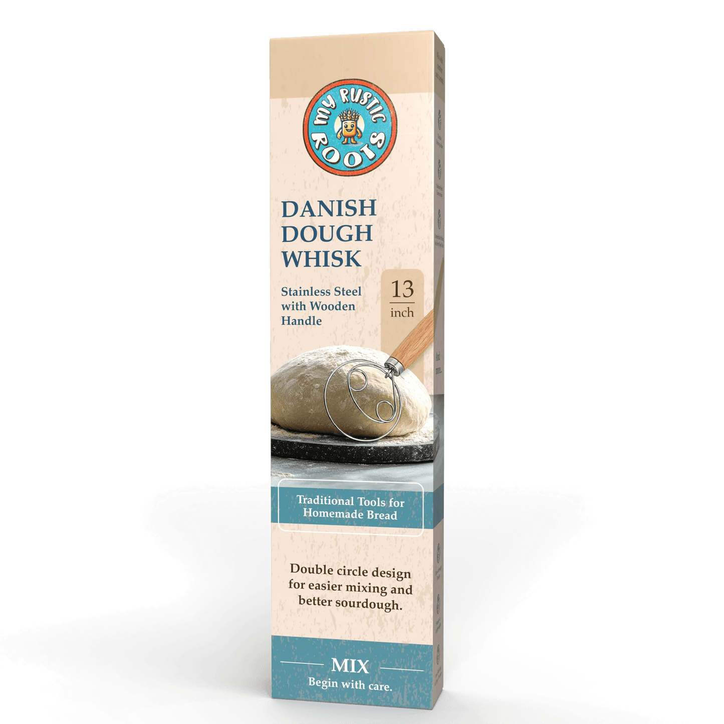 Box of Danish dough whisk with bread illustration on a white background