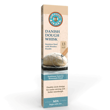 Box of Danish dough whisk with brand logo on a white background