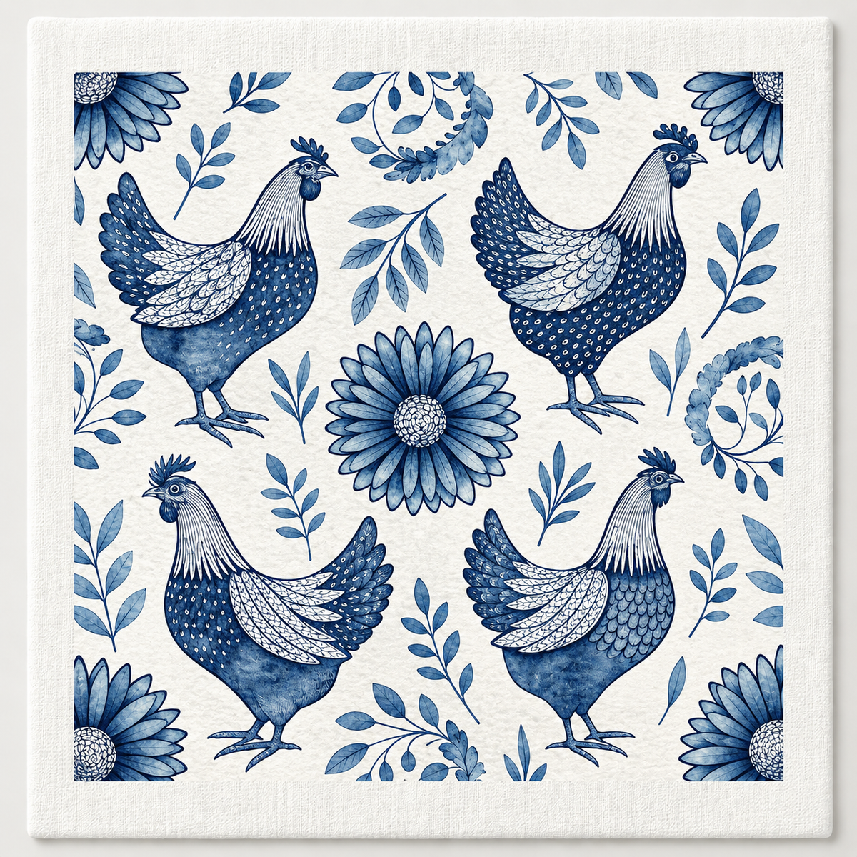 Blue and White Hens Swedish dishcloth by My Rustic Roots