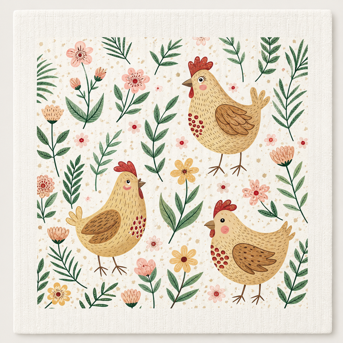 Golden Hens and Wildflowers Swedish dishcloth by My Rustic Roots