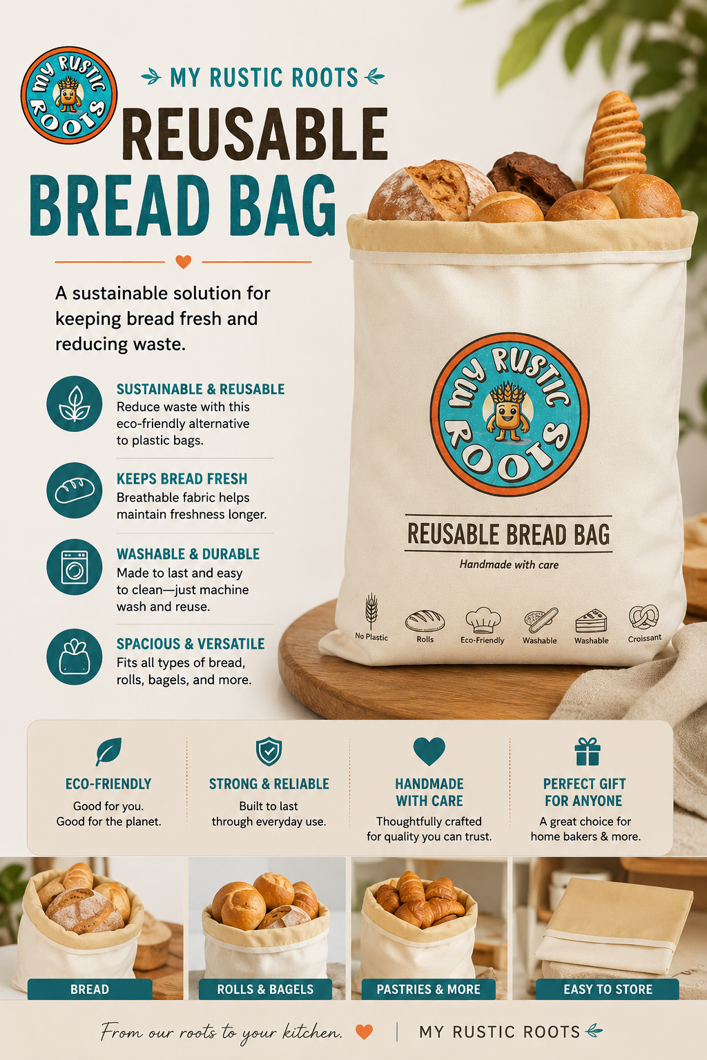Beeswax Lined Fold Down Reusable Bread Bag 17" x 13"