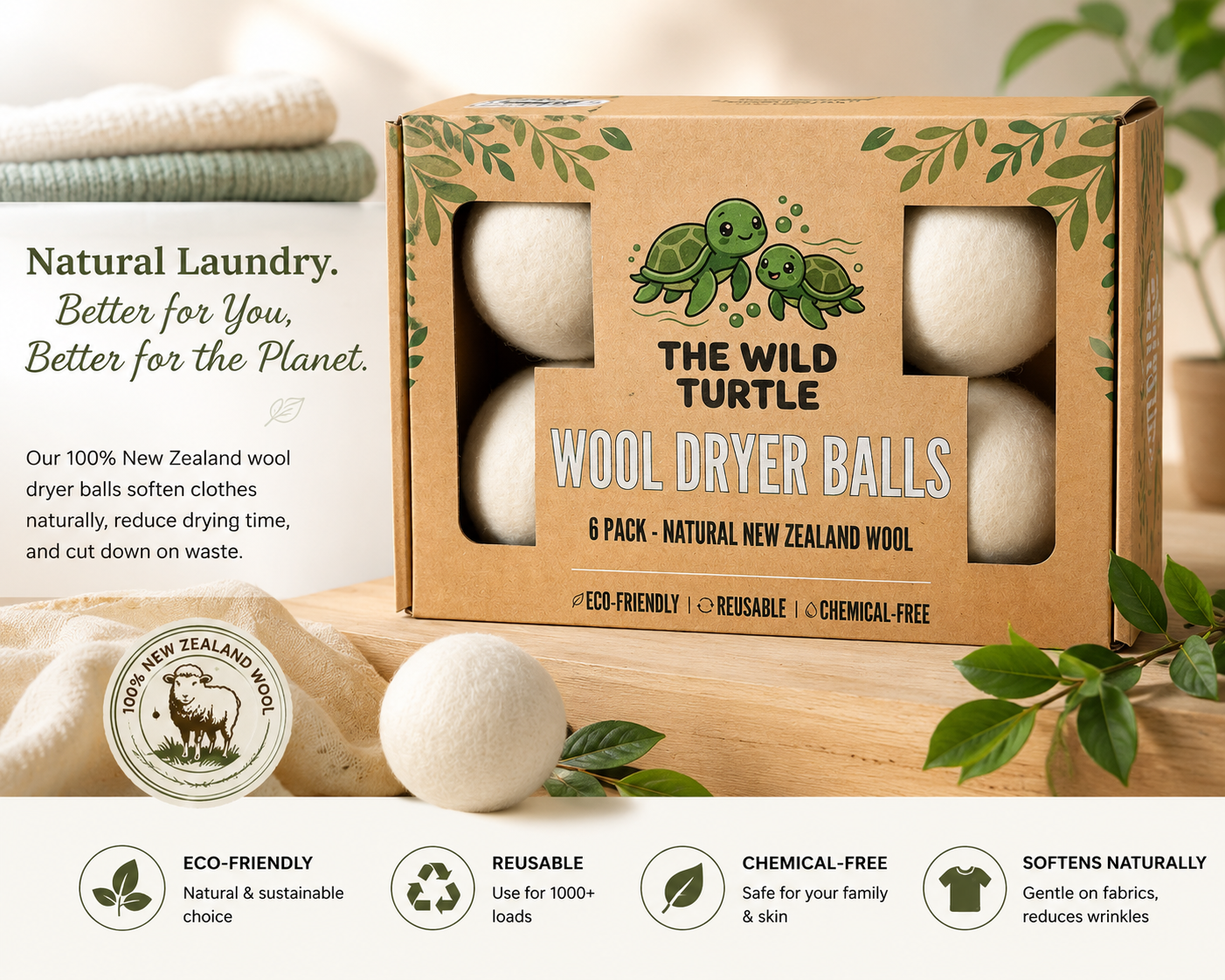 Clearance Wool Dryer Balls — Natural Fabric Softener, Dryer Sheet Replacement (6-Pack)