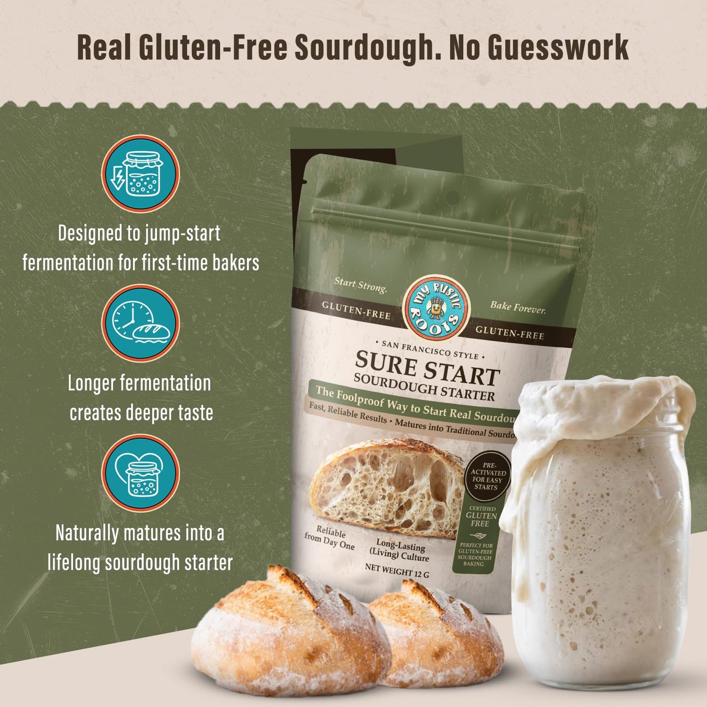 MY RUSTIC ROOTS Sure Start Gluten Free Sourdough Starter Culture - All Natural Fail-Proof Sourdough Bread Starter - Beginner Friendly - Perfect for Baking Homemade Artisan Bread, Pizza & More - 12g