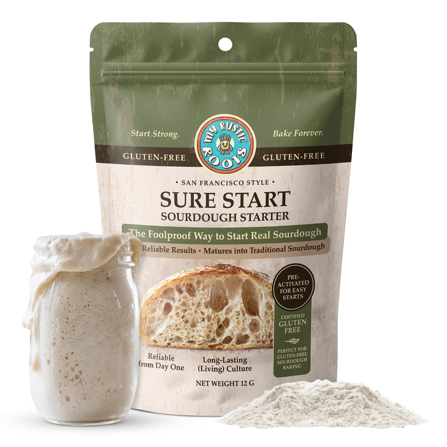 MY RUSTIC ROOTS Sure Start Gluten Free Sourdough Starter Culture - All Natural Fail-Proof Sourdough Bread Starter - Beginner Friendly - Perfect for Baking Homemade Artisan Bread, Pizza & More - 12g