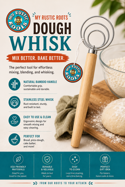 13" Danish Dough Whisk with Wood Handle - Large Loop