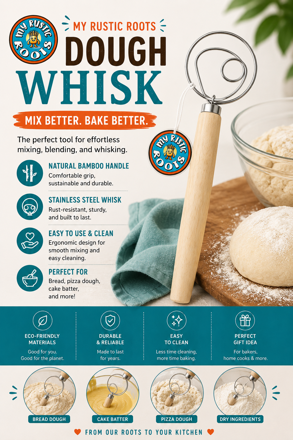 Single Loop 13" Danish Dough Whisk – Stainless Steel Bread Dough Mixer for Sourdough & Artisan Baking