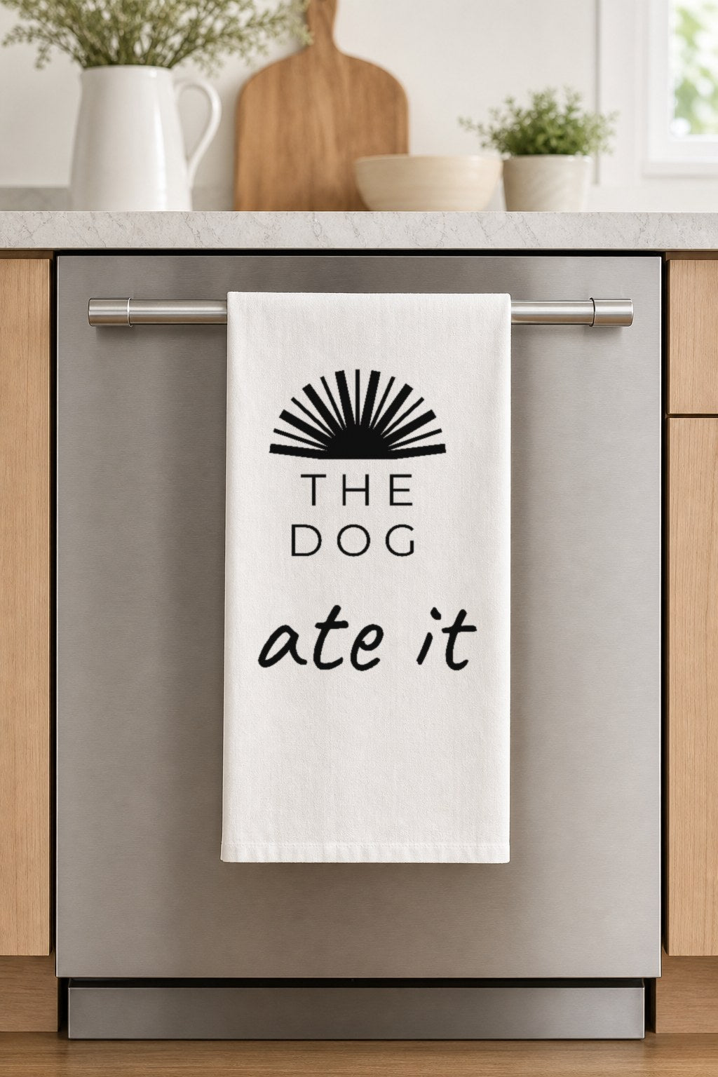 THE DOG ate it hand-lettered on a white cotton flour sack tea towel