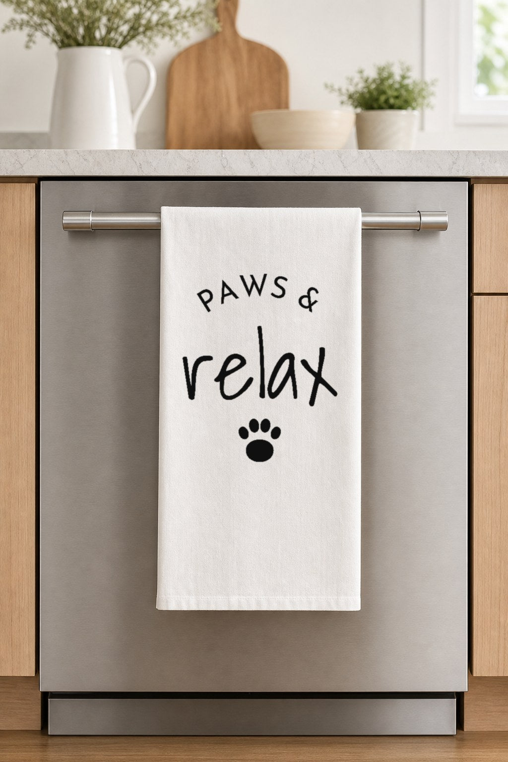 PAWS & relax hand-lettered on a white cotton flour sack tea towel