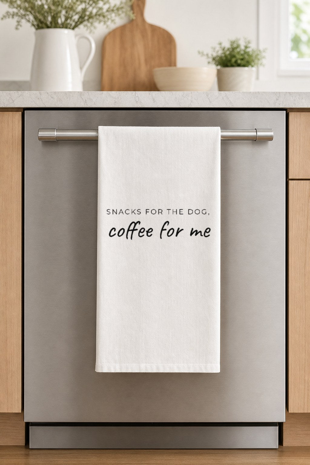 SNACKS FOR THE DOG, coffee for me hand-lettered on a white cotton flour sack tea towel