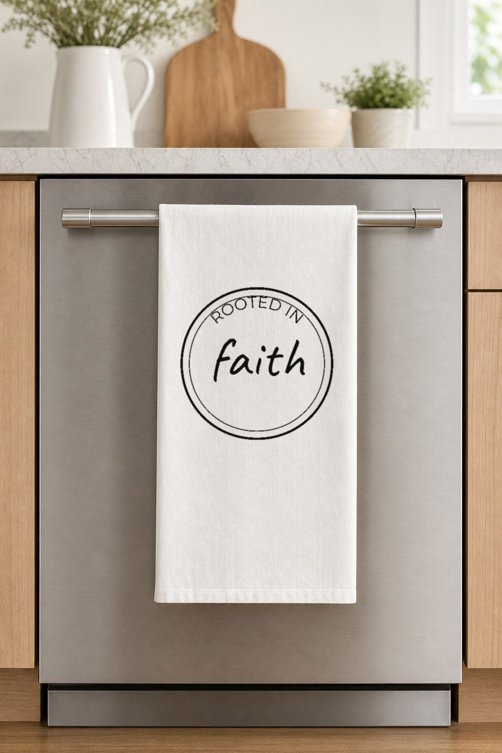 ROOTED IN faith hand-lettered on a white cotton flour sack tea towel