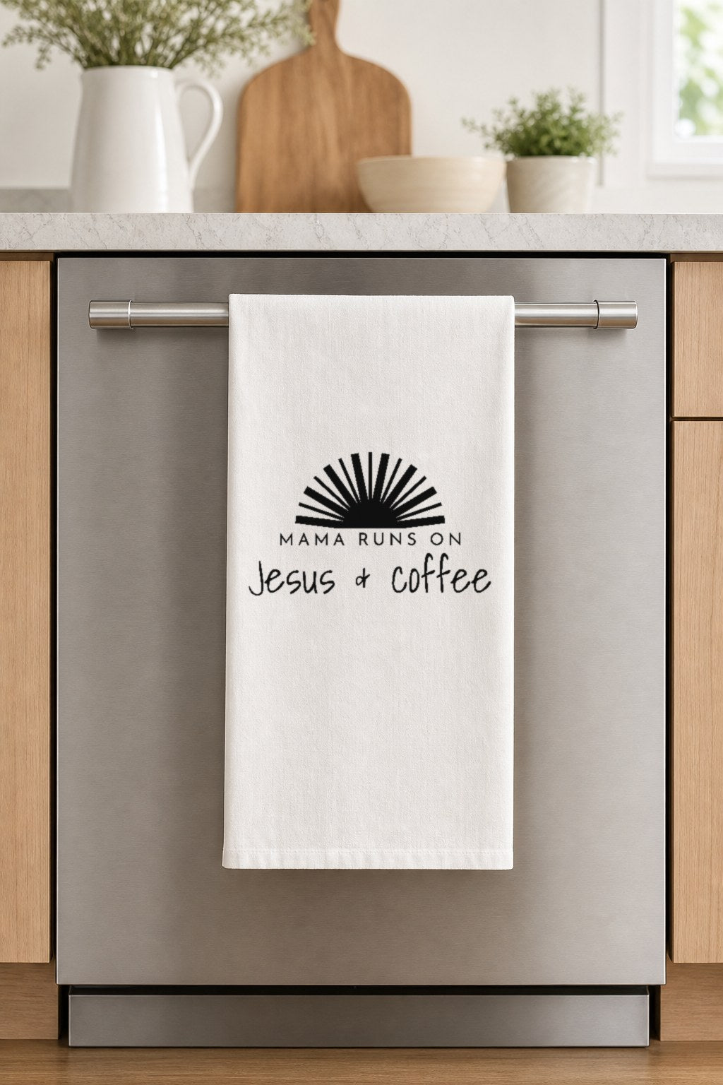 MAMA RUNS ON Jesus & coffee hand-lettered on a white cotton flour sack tea towel