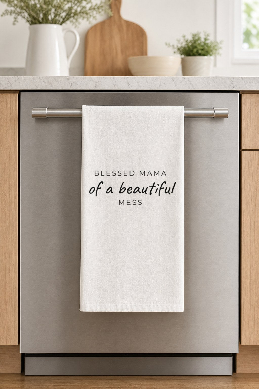 BLESSED MAMA of a beautiful MESS hand-lettered on a white cotton flour sack tea towel