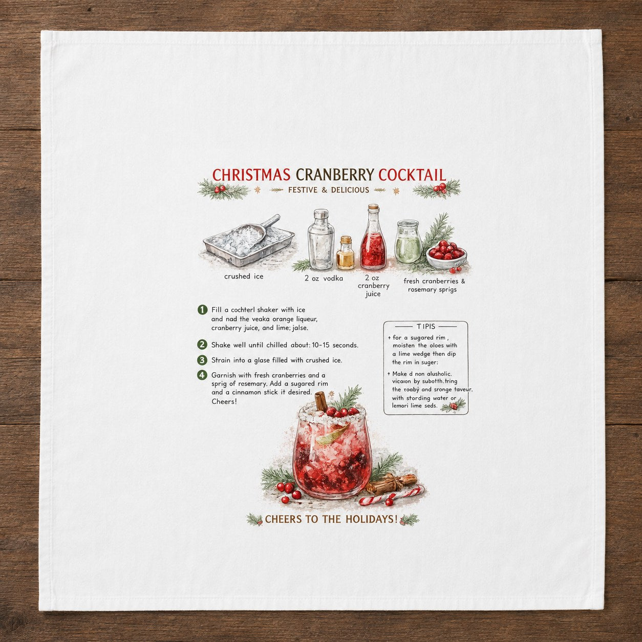 Christmas Cranberry Cocktail recipe printed on a white 28 inch cotton flour sack tea towel