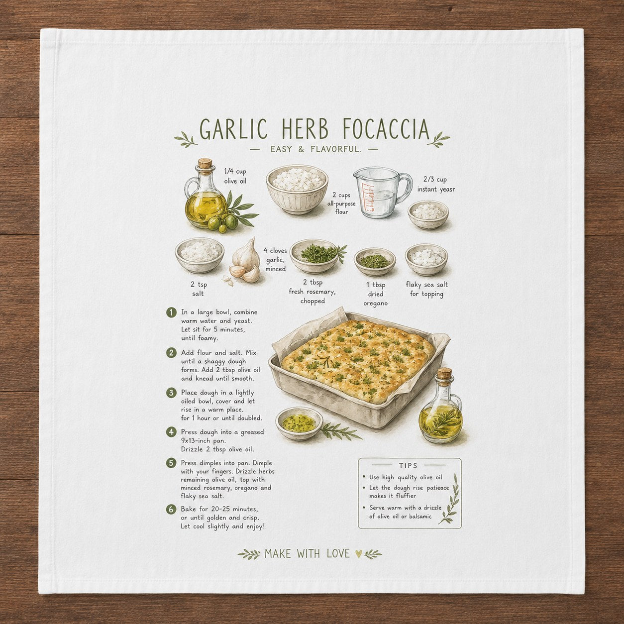Garlic Herb Focaccia recipe printed on a white 28 inch cotton flour sack tea towel