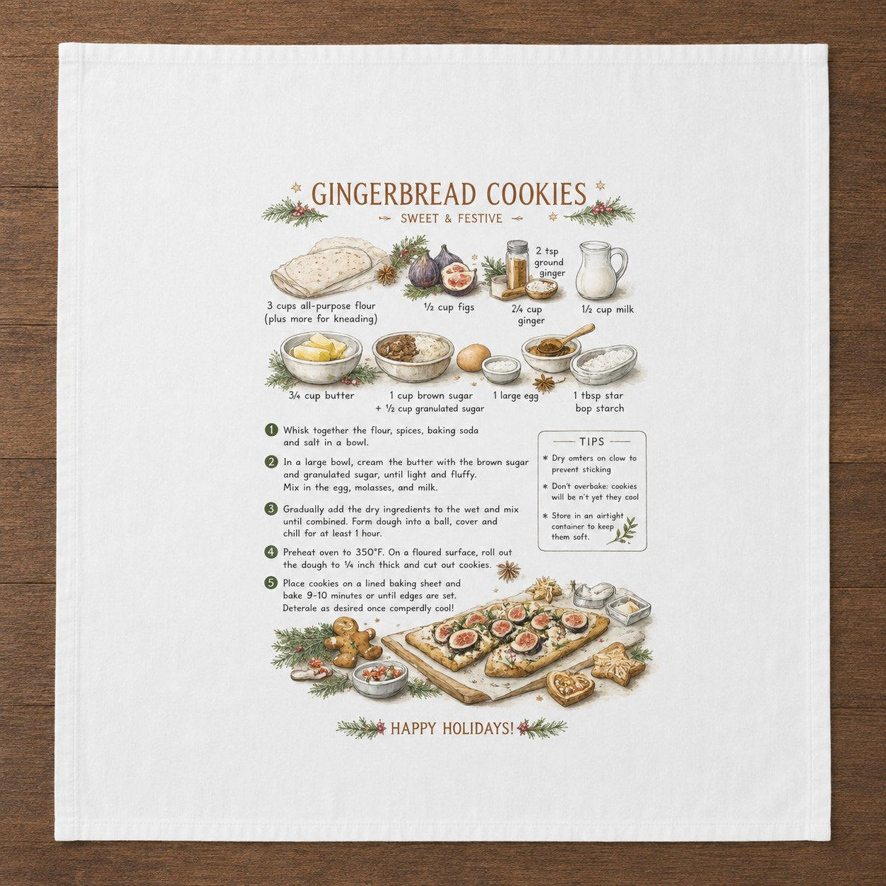 Gingerbread Cookies recipe printed on a white 28 inch cotton flour sack tea towel