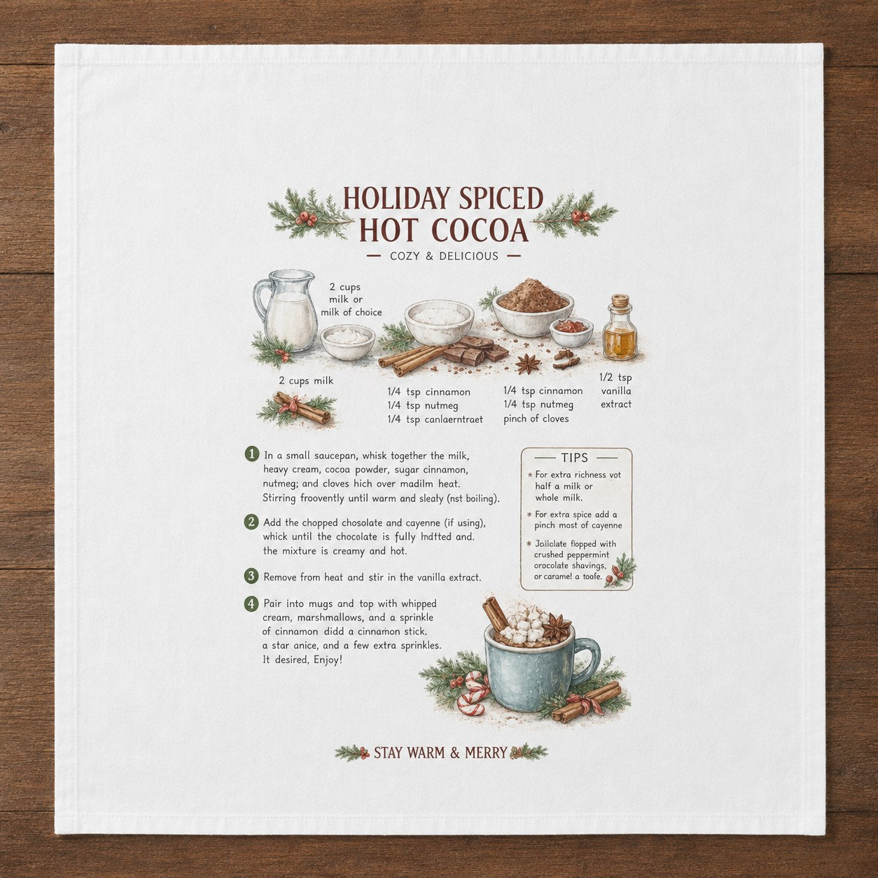Holiday Spiced Hot Cocoa recipe printed on a white 28 inch cotton flour sack tea towel
