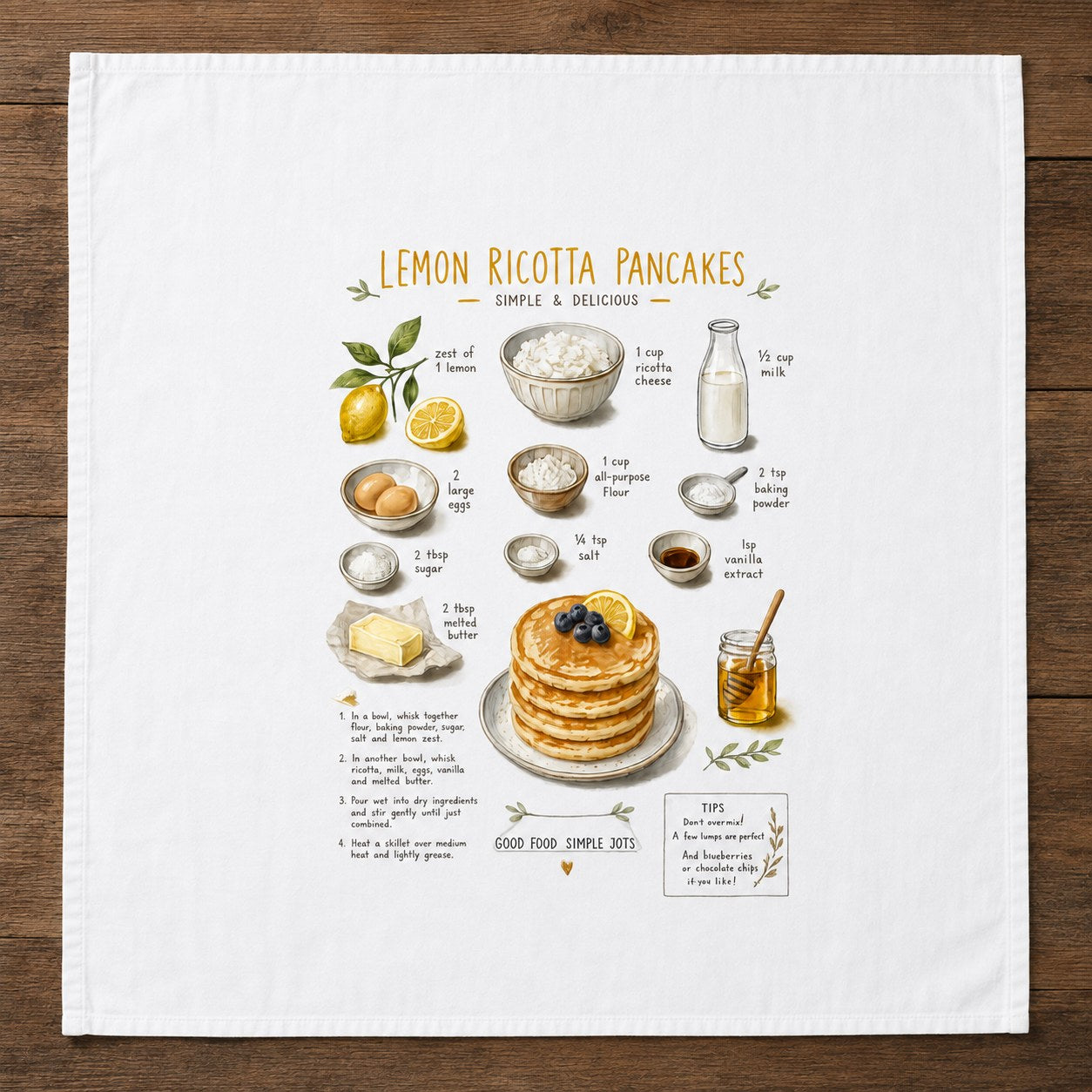 Lemon Ricotta Pancakes recipe printed on a white 28 inch cotton flour sack tea towel