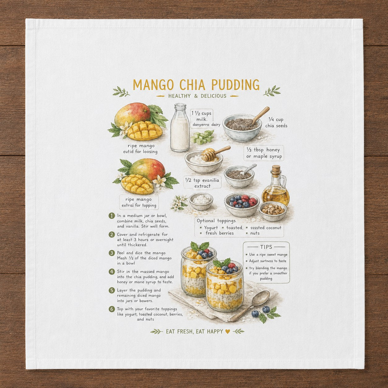 Mango Chia Pudding recipe printed on a white 28 inch cotton flour sack tea towel