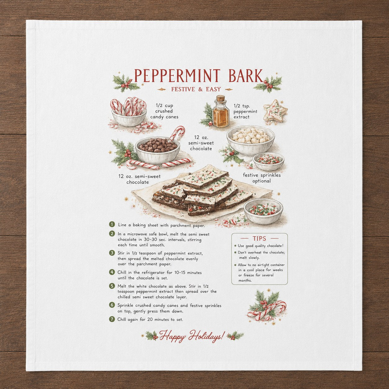 Peppermint Bark recipe printed on a white 28 inch cotton flour sack tea towel