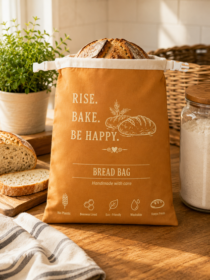 Rise. Bake. Be Happy. Beeswax-Lined Bread Bag