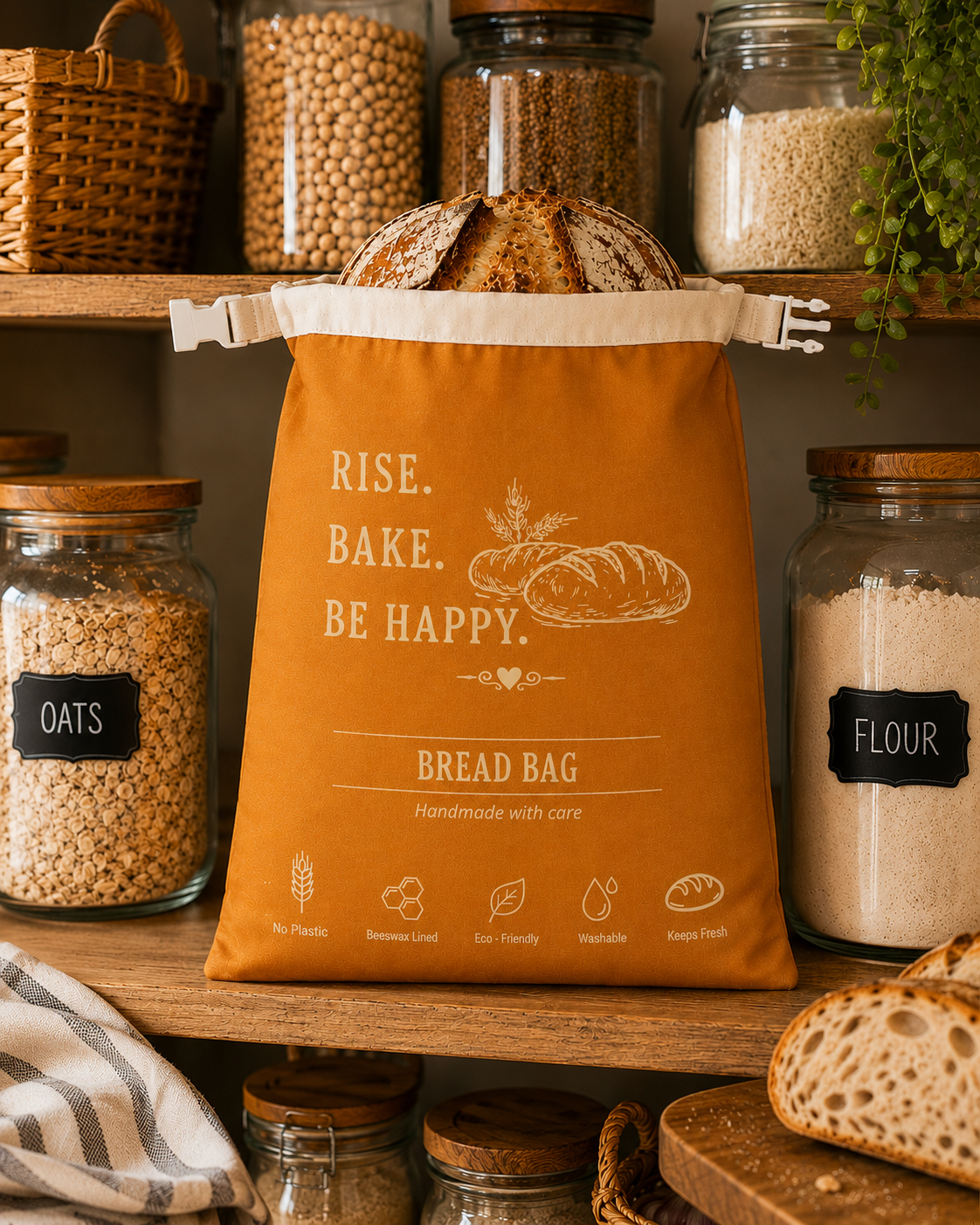 Rise. Bake. Be Happy. Beeswax-Lined Bread Bag