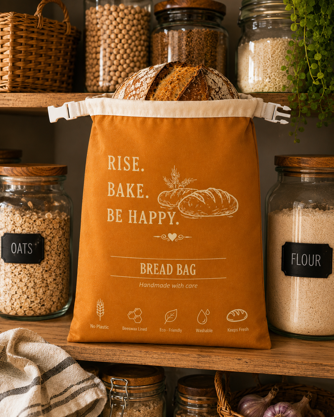 Rise. Bake. Be Happy. Beeswax-Lined Bread Bag